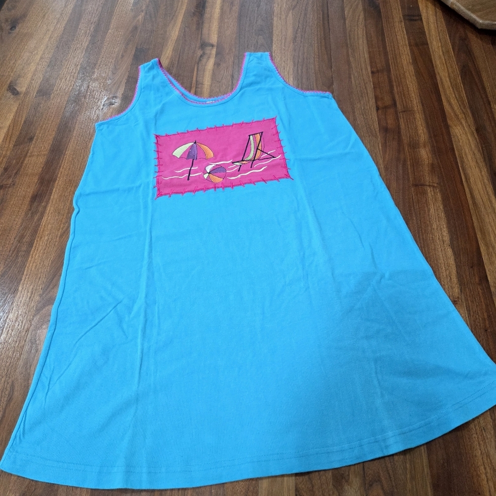 Tropical Escape Bright Blue Tank Dress Cover Up with Pink Beach Patch Y2k Medium